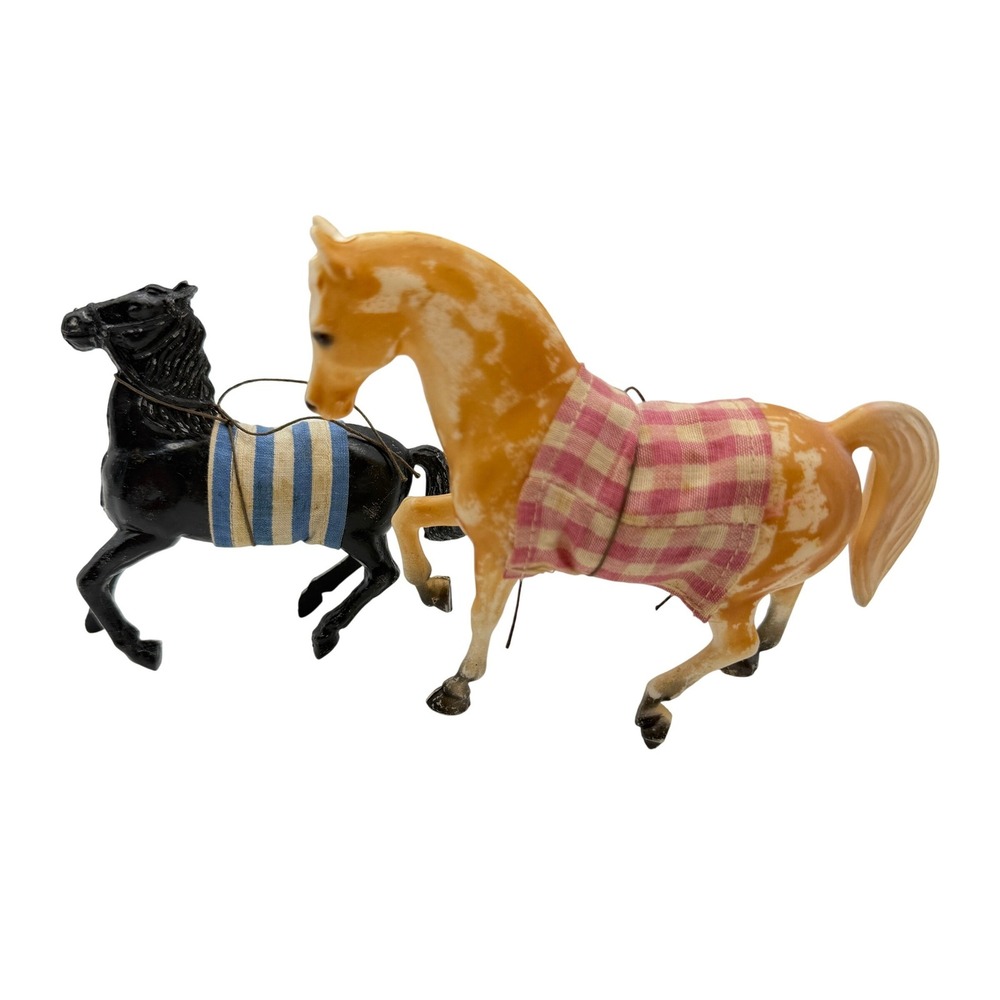 Vintage Plastic Horse Figurines‎ Black and Tan with Fabric Blankets